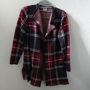 Anne Klein Red and Black Plaid Cardigan